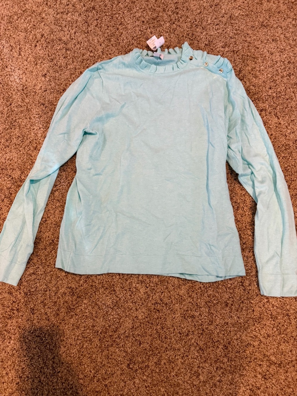 J. Crew Factory Light Blue Ruffle Neck Long Sleeve Top with Shoulder Buttons